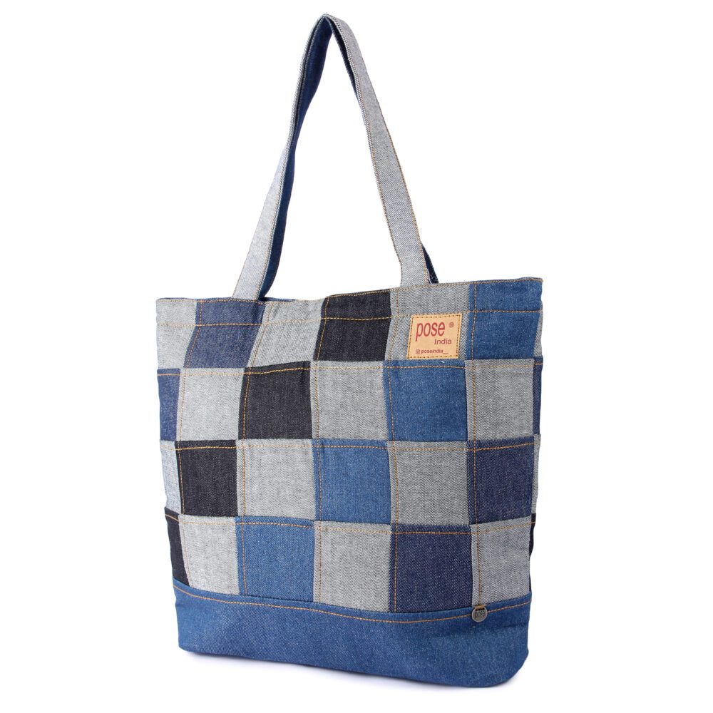 Denim Checkered Tote Bag - Image 2