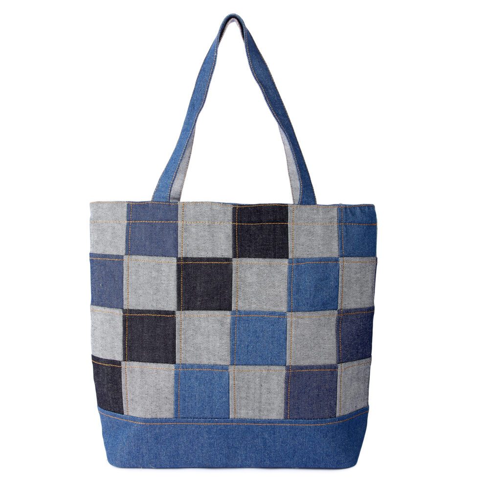Denim Checkered Tote Bag - Image 3