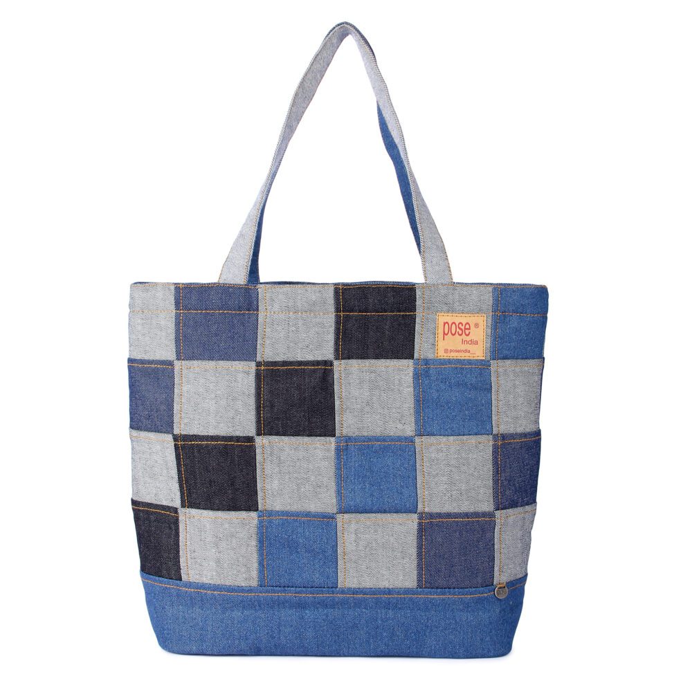 Denim Checkered Tote Bag
