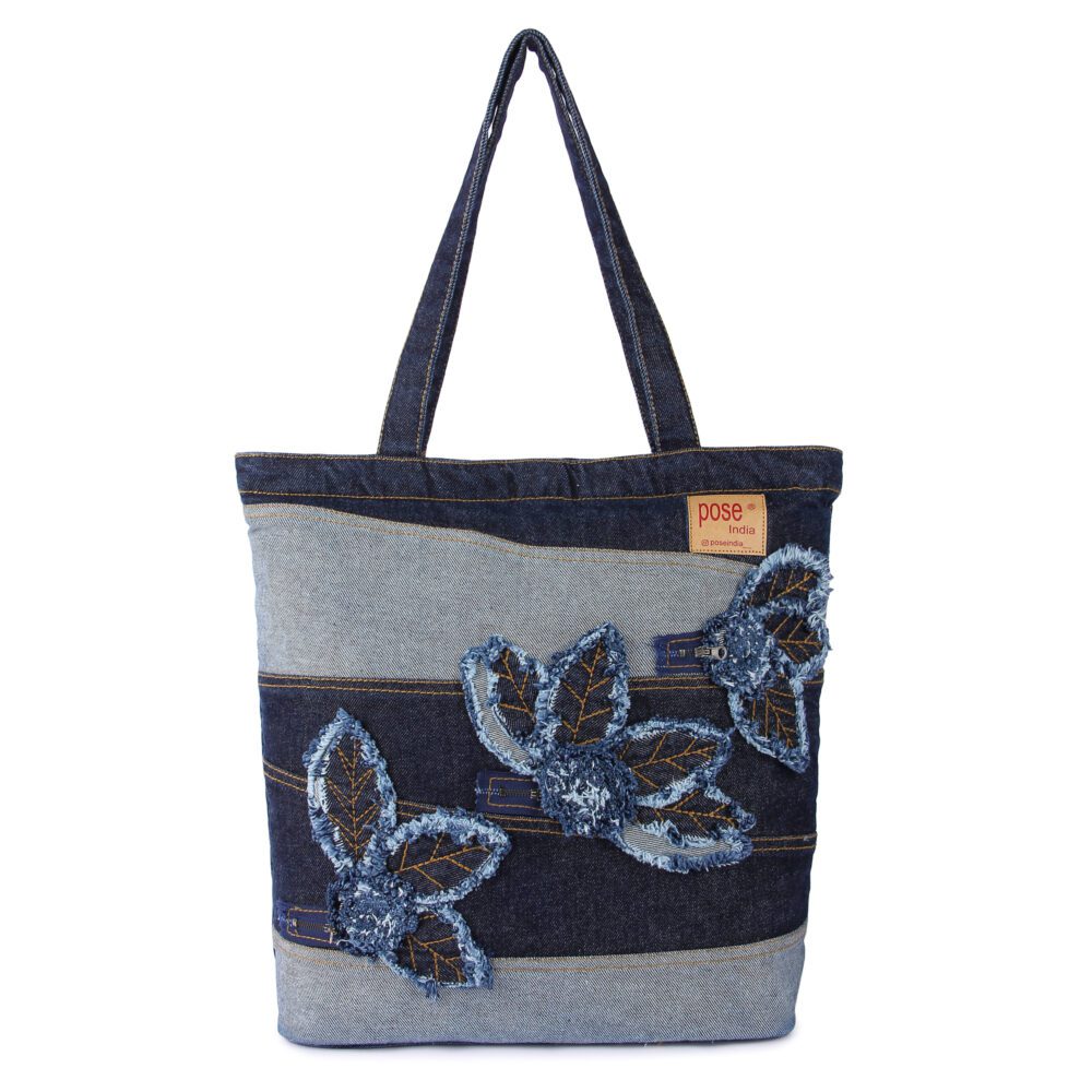Denim Flower Zipper Tote Bag