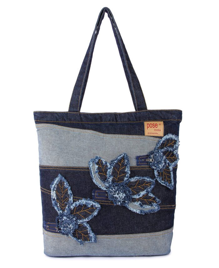 Denim Flower Zipper Tote Bag