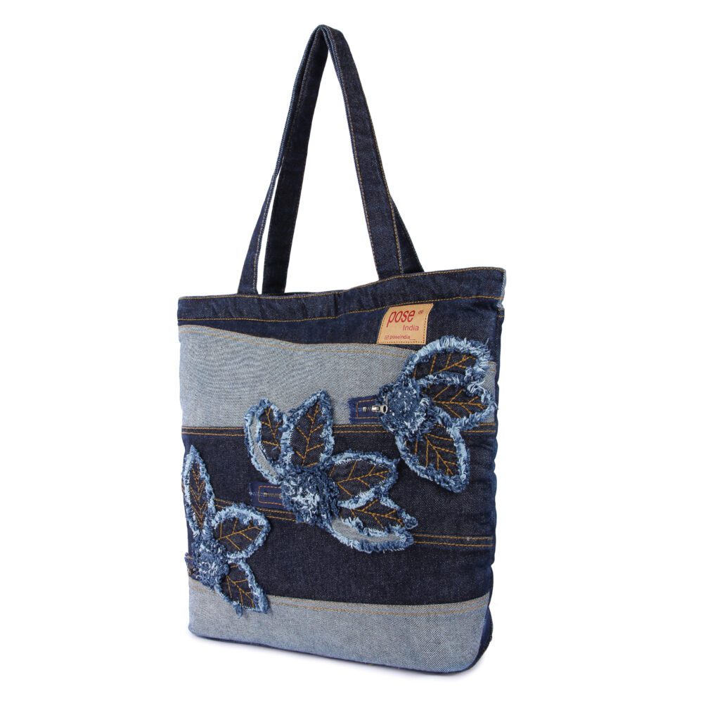 Denim Flower Zipper Tote Bag - Image 2