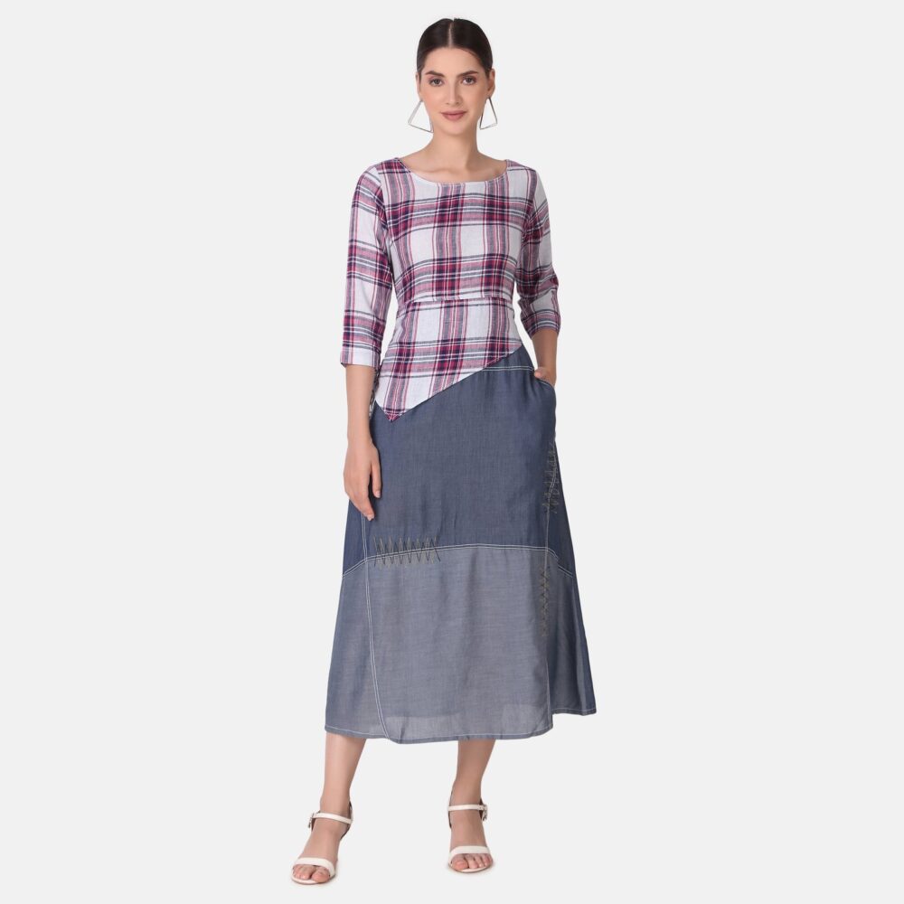 Silky Denim Cotton Checkered Dress - Image 7