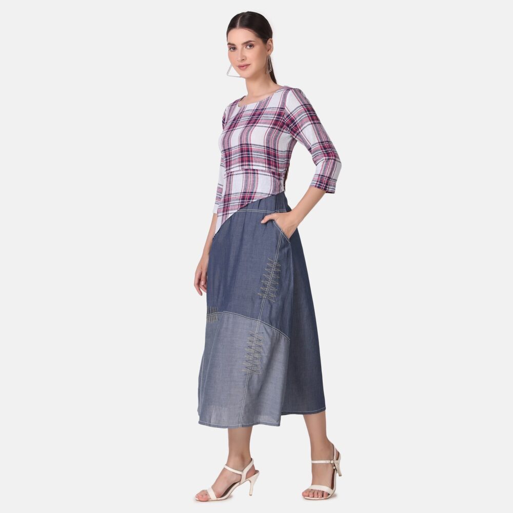 Silky Denim Cotton Checkered Dress - Image 10