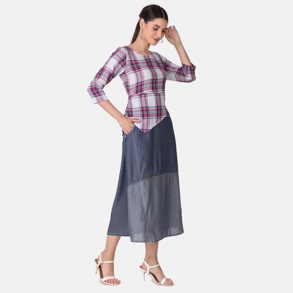 Silky Denim Cotton Checkered Dress - Image 11