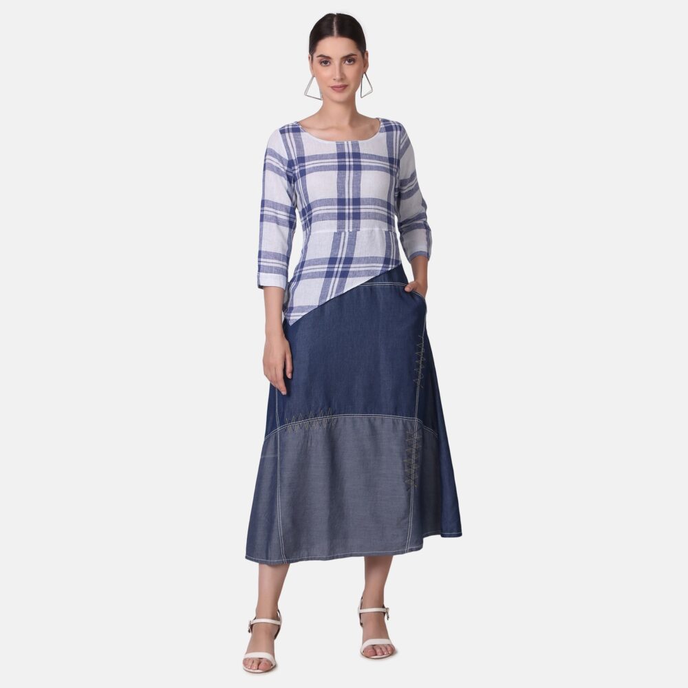 Silky Denim Cotton Checkered Dress - Image 3