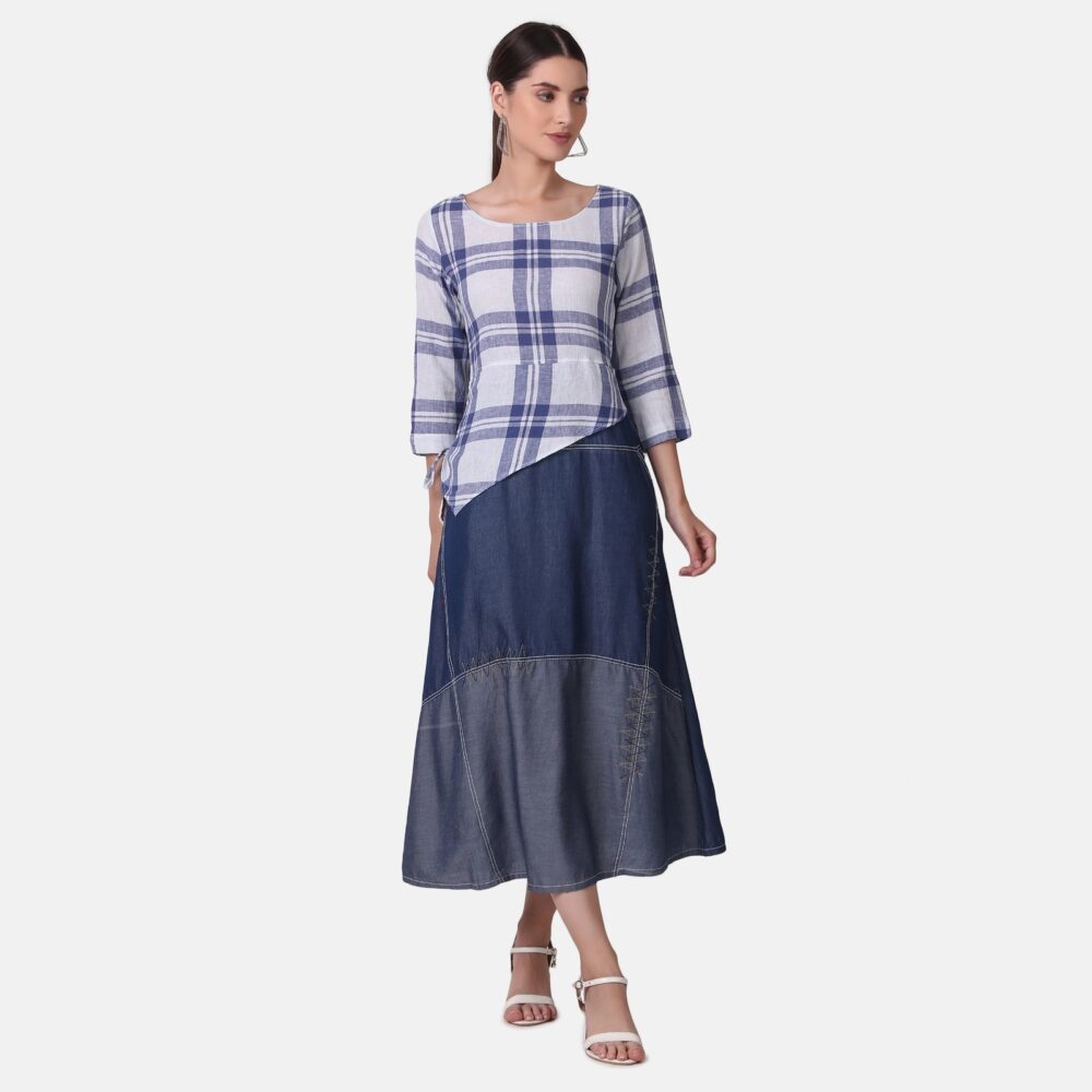 Silky Denim Cotton Checkered Dress