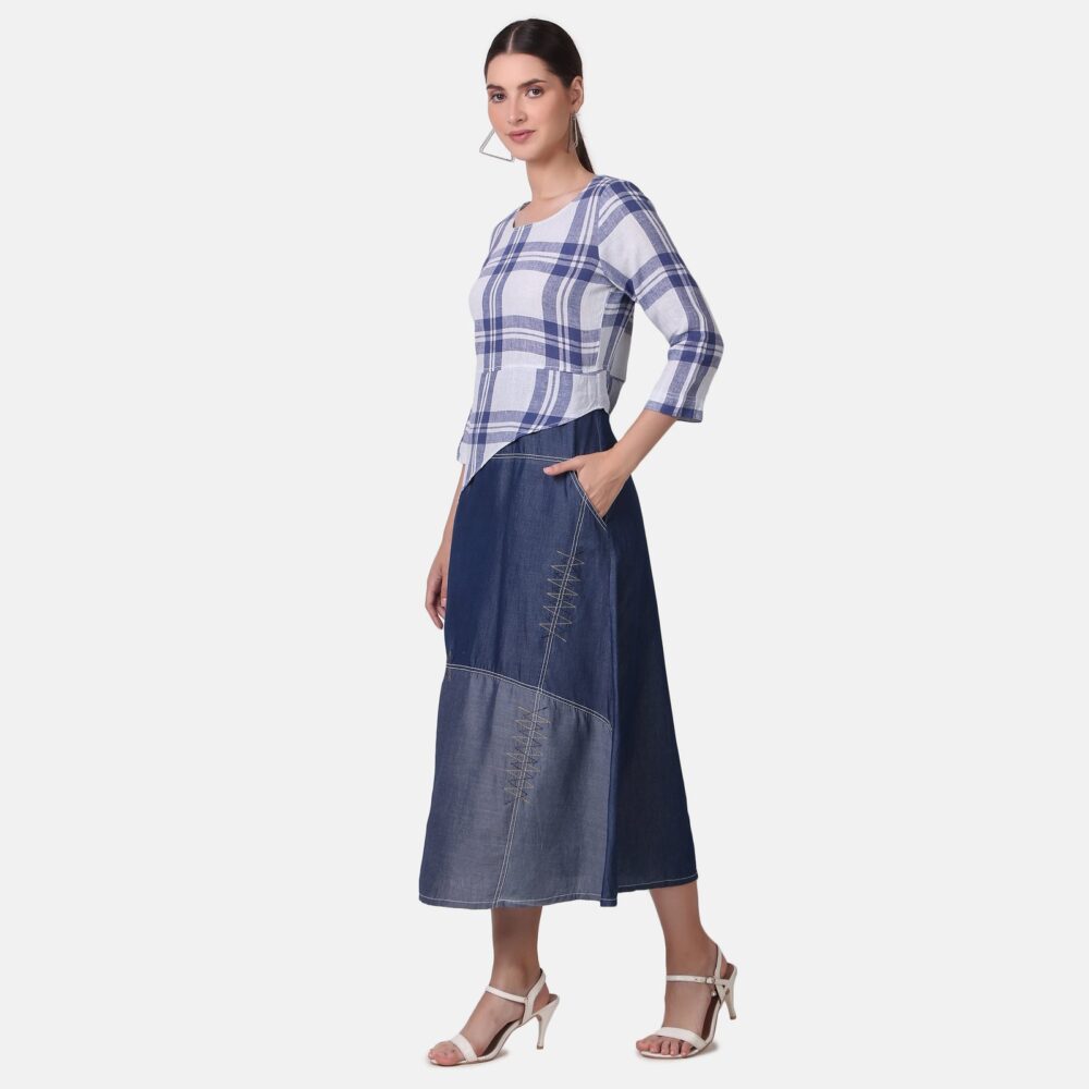 Silky Denim Cotton Checkered Dress - Image 4