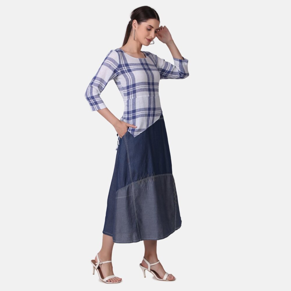 Silky Denim Cotton Checkered Dress - Image 5