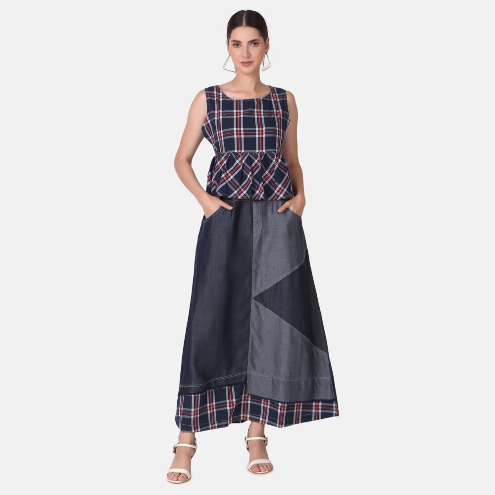 Silky Denim Cotton Checkered Dress