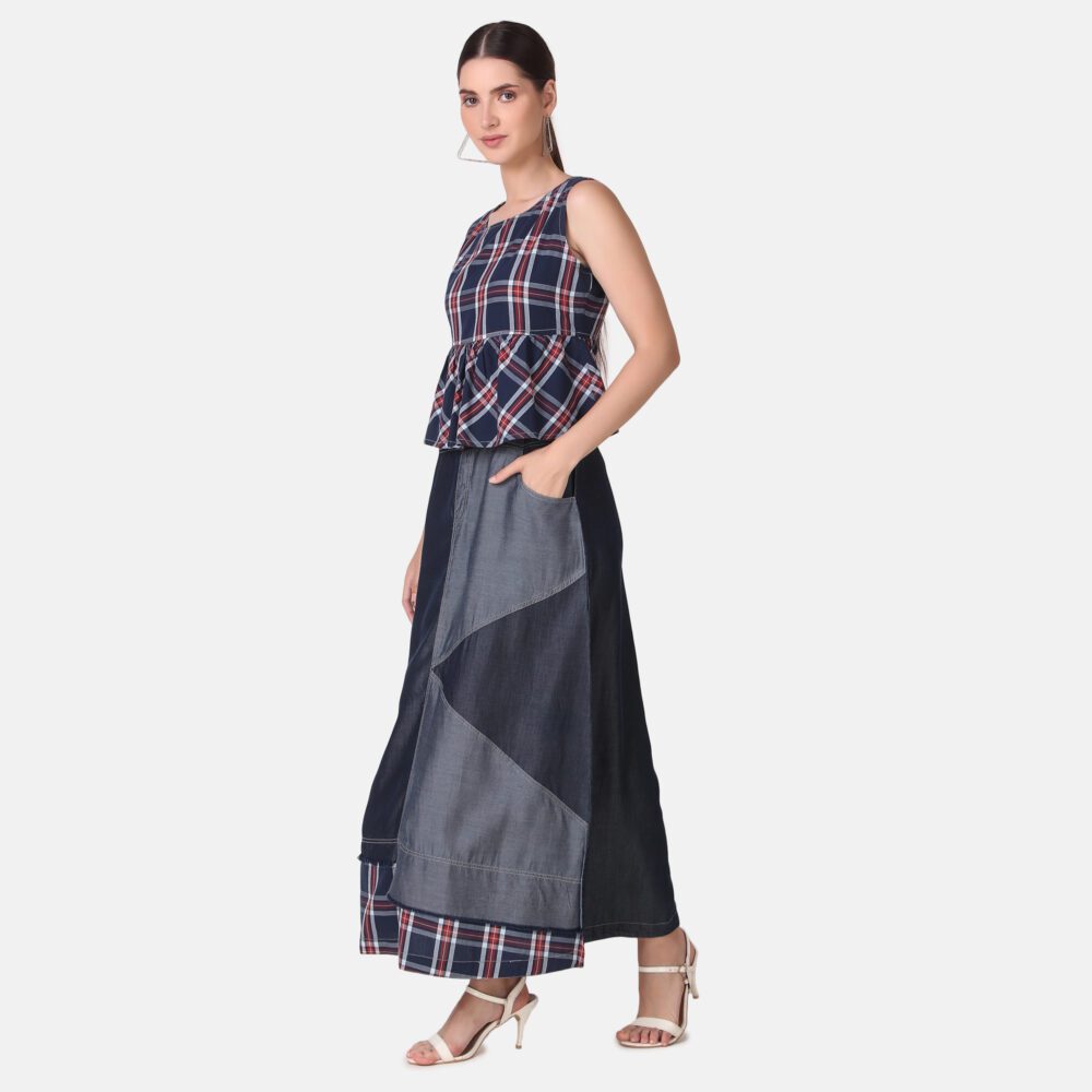 Silky Denim Cotton Checkered Dress - Image 3