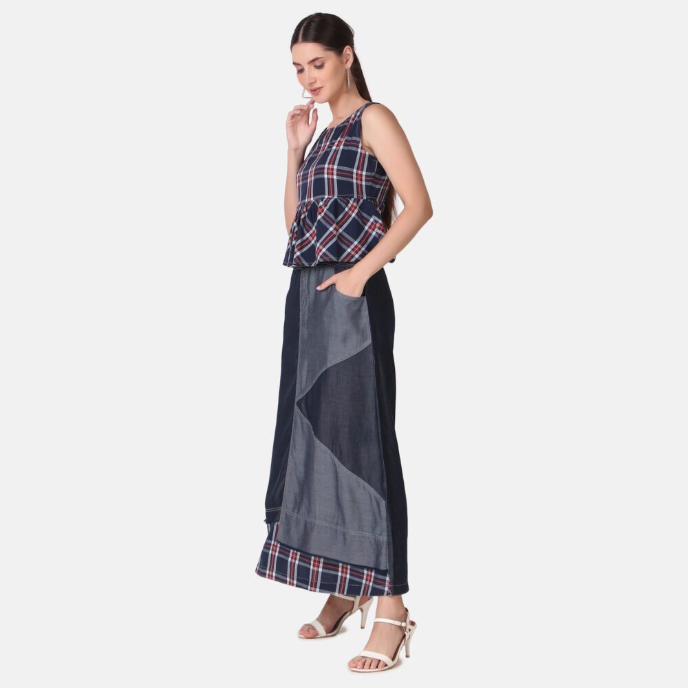 Silky Denim Cotton Checkered Dress - Image 4