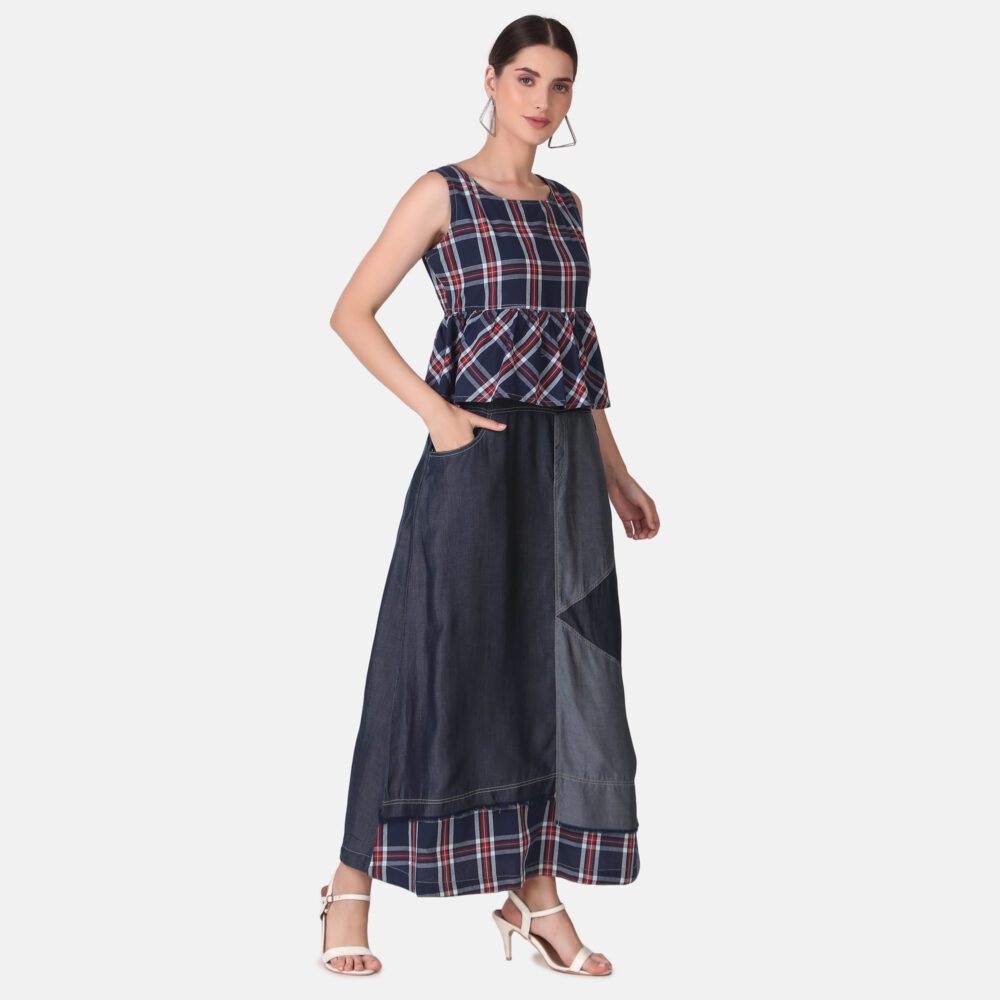Silky Denim Cotton Checkered Dress - Image 5